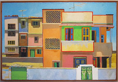 Michael Kovner, (Israeli, b.1948), 
"Street with Pink Houses", 1975, oil on canvas